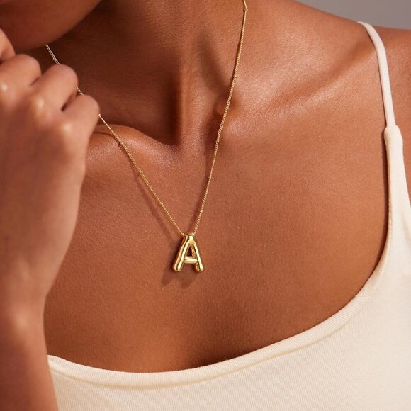 Gold Bubble Letter Necklace for Women, Dainty 14K Plated Balloon Initial Pendant - Picture 5 of 7